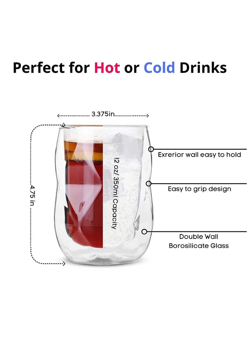 1Chase Double Wall insulated Diamond Shape Coffee Tea Cups, Borosilicate Glass Tea Cups For Coffee, Juice, Latte, Iced Tea And For Daily Use Set Of 2 350 ML
