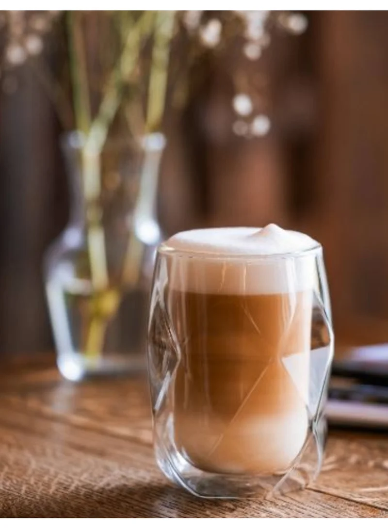 1Chase Double Wall insulated Diamond Shape Coffee Tea Cups, Borosilicate Glass Tea Cups For Coffee, Juice, Latte, Iced Tea And For Daily Use Set Of 2 350 ML