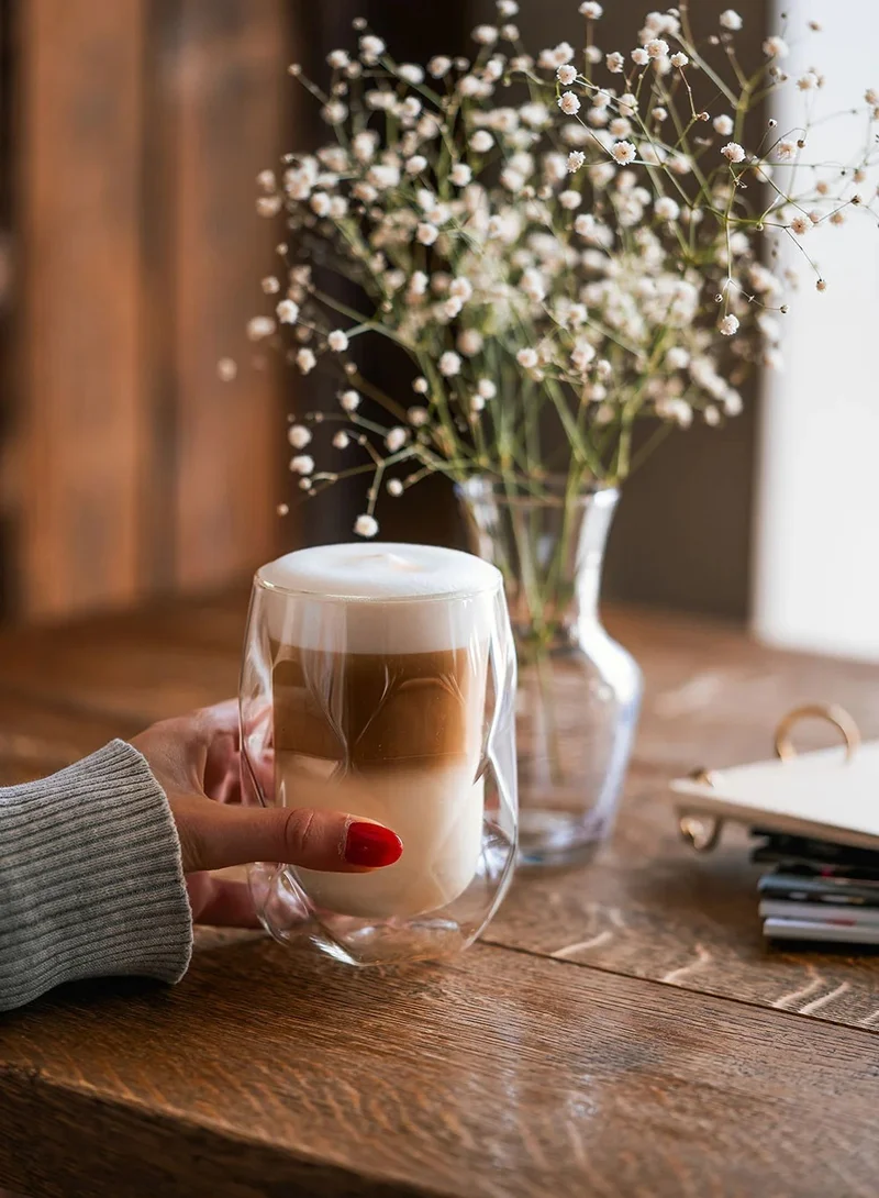 1Chase Double Wall insulated Diamond Shape Coffee Tea Cups, Borosilicate Glass Tea Cups For Coffee, Juice, Latte, Iced Tea And For Daily Use Set Of 2 350 ML