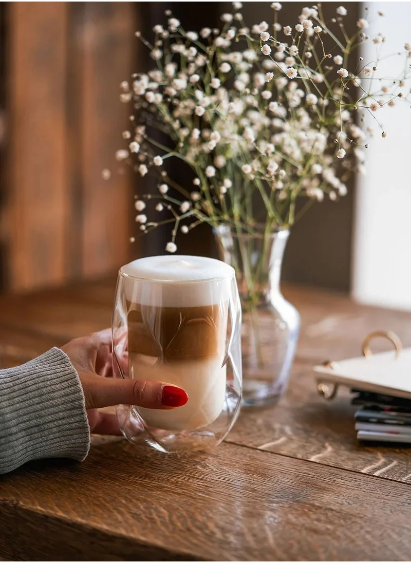 1 تشيس أكواب شاي وقهوة معزولة مزدوجة الجدار على شكل ماسي، أكواب شاي من زجاج البورسليكات للقهوة والعصير واللاتيه والشاي المثلج والاستخدام اليومي، مجموعة من قطعتين، سعة 350 مل