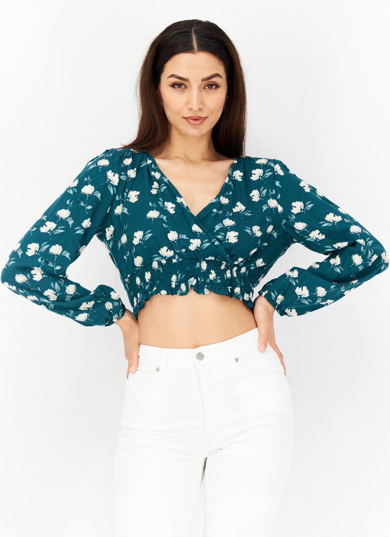 Sage The Label Women Tie Neck Long Sleeve Floral Print Top, Green Combo - Image 1