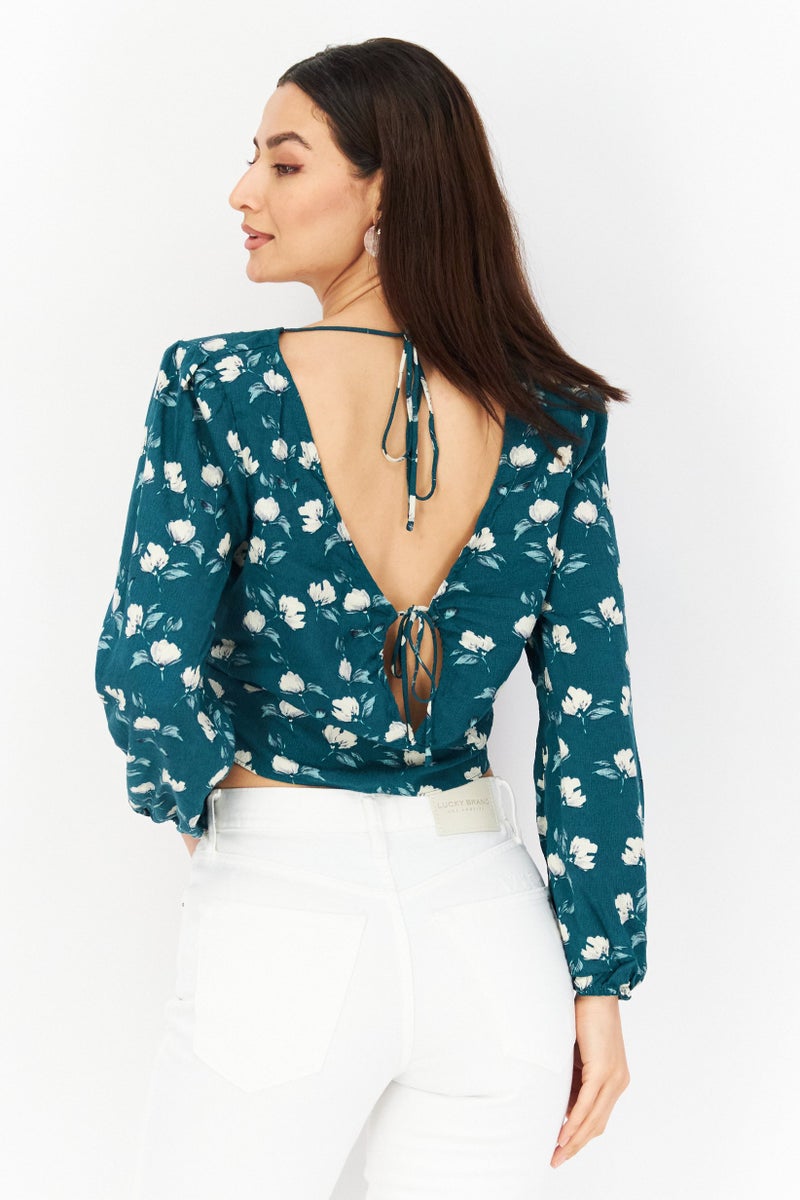 Sage The Label Women Tie Neck Long Sleeve Floral Print Top, Green Combo - Image 3