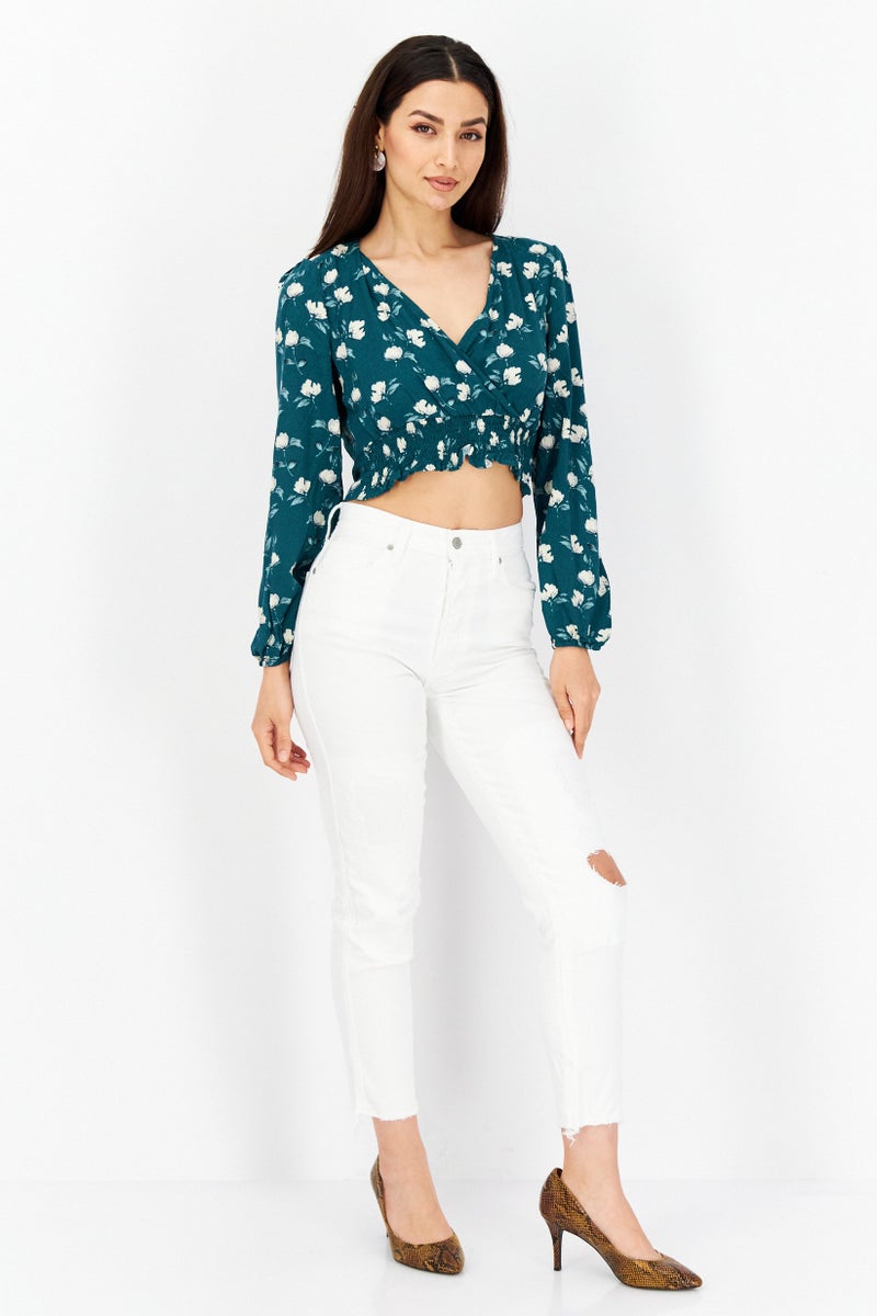 Sage The Label Women Tie Neck Long Sleeve Floral Print Top, Green Combo - Image 4