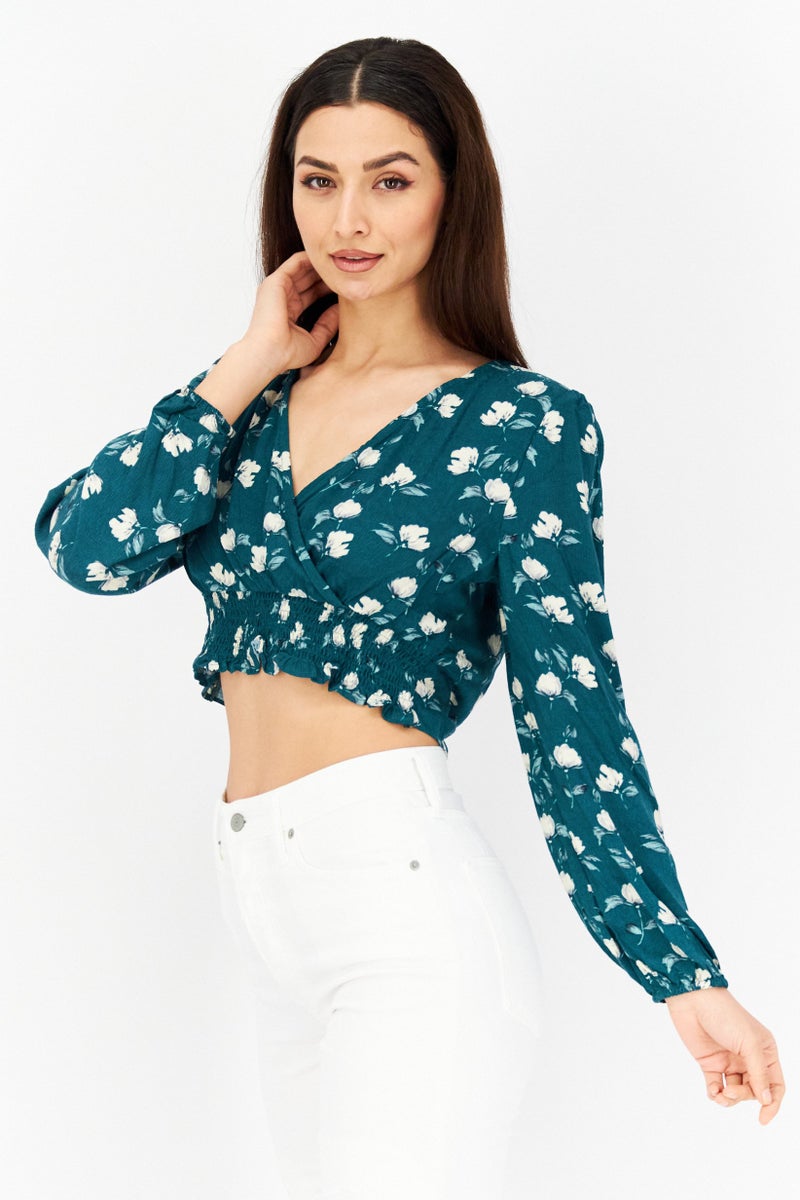 Sage The Label Women Tie Neck Long Sleeve Floral Print Top, Green Combo - Image 2
