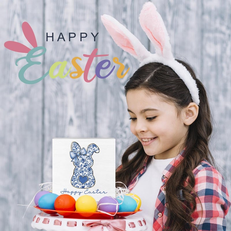 FXEFXE Easter Rabbit Decoration, Blue Floral Chinoiserie Bunny Decor, Happy Easter Decor, Coquette Girls Gift, Wooden Box for Rustic Home Bedroom Living Room Table Shelf Office - Image 5