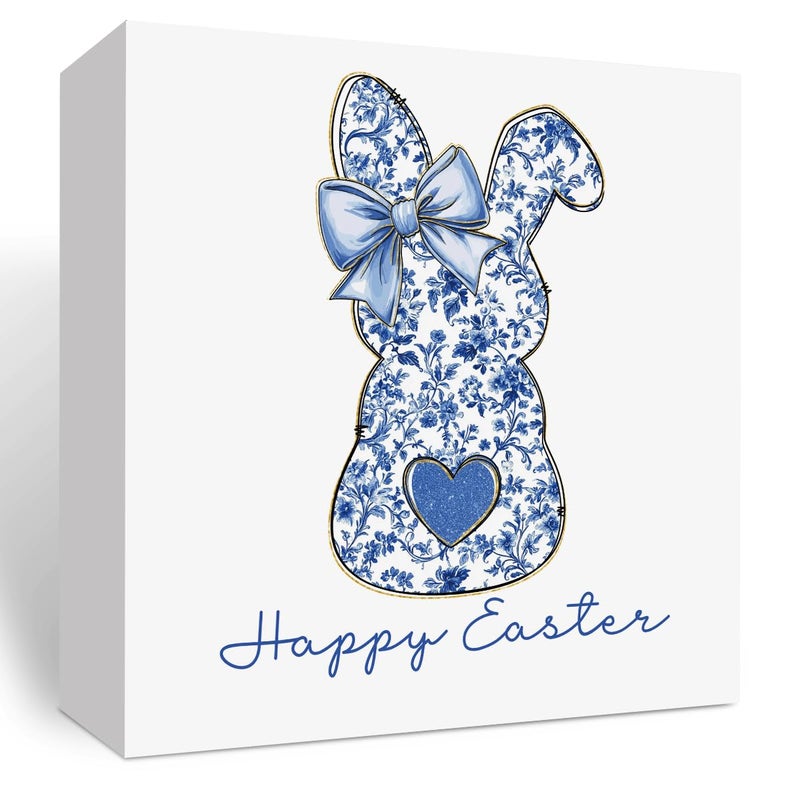 FXEFXE Easter Rabbit Decoration, Blue Floral Chinoiserie Bunny Decor, Happy Easter Decor, Coquette Girls Gift, Wooden Box for Rustic Home Bedroom Living Room Table Shelf Office - Image 1