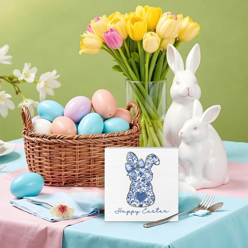 FXEFXE Easter Rabbit Decoration, Blue Floral Chinoiserie Bunny Decor, Happy Easter Decor, Coquette Girls Gift, Wooden Box for Rustic Home Bedroom Living Room Table Shelf Office - Image 4