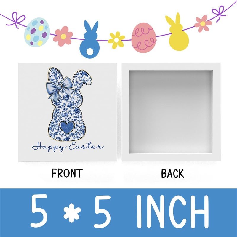 FXEFXE Easter Rabbit Decoration, Blue Floral Chinoiserie Bunny Decor, Happy Easter Decor, Coquette Girls Gift, Wooden Box for Rustic Home Bedroom Living Room Table Shelf Office - Image 2