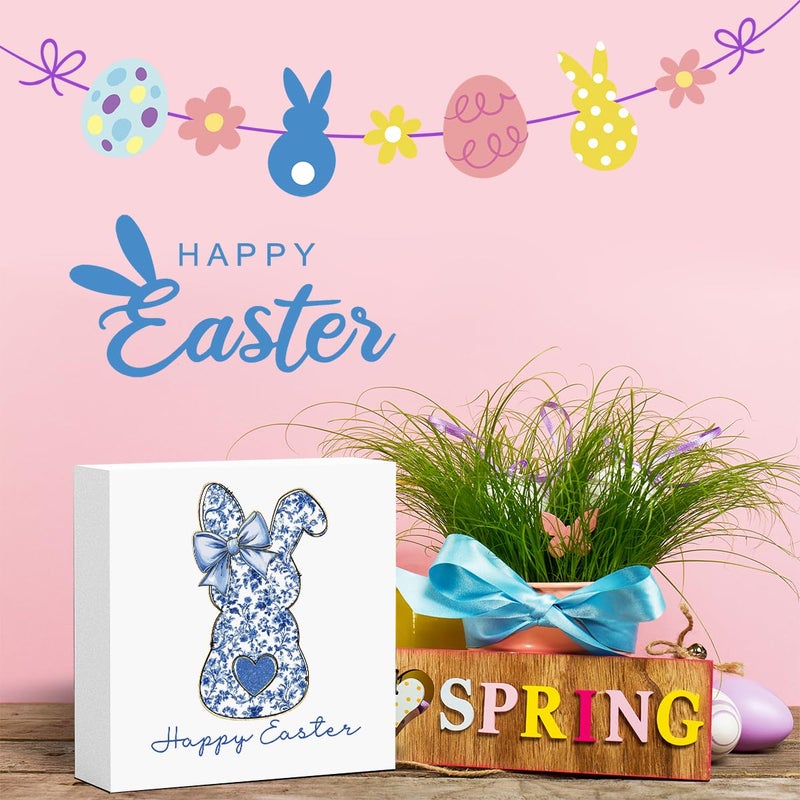FXEFXE Easter Rabbit Decoration, Blue Floral Chinoiserie Bunny Decor, Happy Easter Decor, Coquette Girls Gift, Wooden Box for Rustic Home Bedroom Living Room Table Shelf Office - Image 3