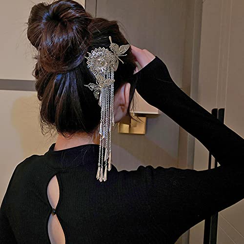 Jumwrit Flower Hair Stick Butterfly Hair Chopsticks Silver Tassel Hair Pin Chinese Hair Stick Flower Hair Styling Accessories for Women Girls