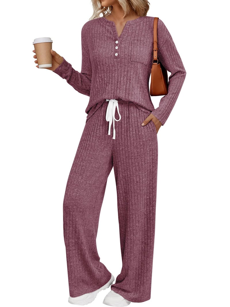 LILLUSORY Womens 2 Piece Lounge Sets Matching Airport Travel Outfits 2026 Spring Clothing Fall Pajamas Sweat Suits Pockets Wine M - Image 1