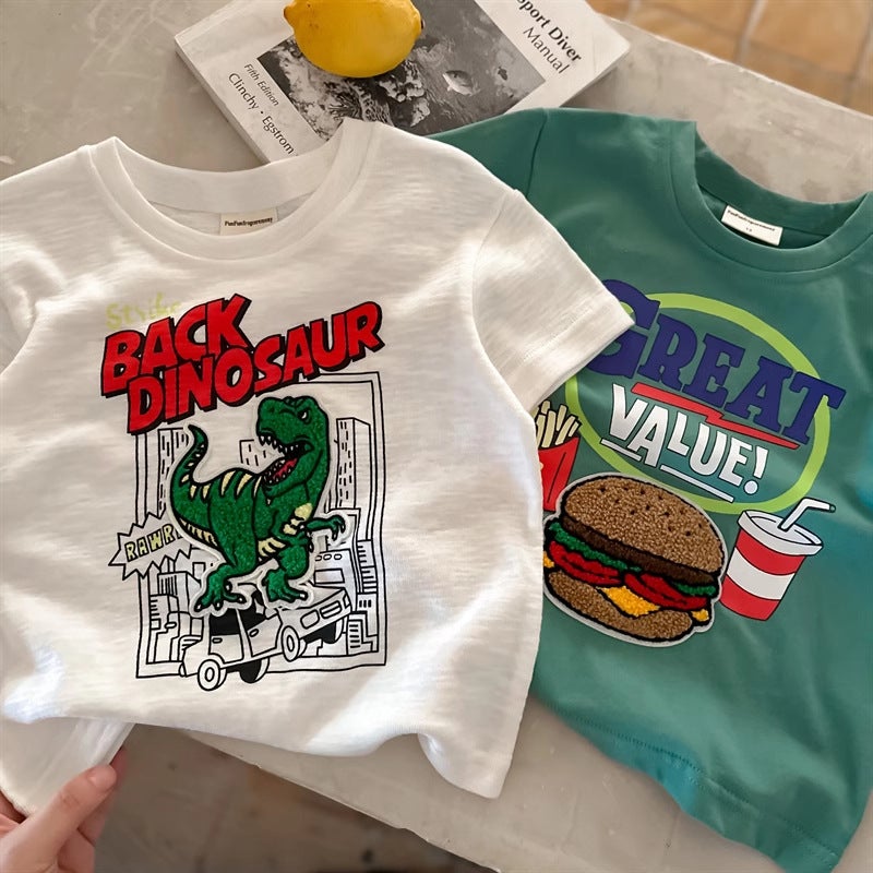 100 Cotton 2025 Children'S Wear Boys' Short-Sleeved T-Shirt Sticker Cartoon Girls' All-Match Round Neck Top - Image 3