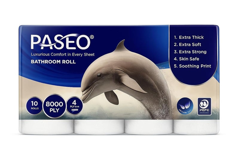 PASEO Dolphin Print Bathroom Tissue Roll | 4 Ply Toilet Paper | Extra Soft & Thick | Skin Safe & Eco-Friendly | Pack of 10 Rolls (800 Sheets per Roll, 8,000 Sheets Total) - Image 1