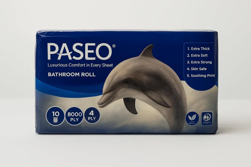 PASEO Dolphin Print Bathroom Tissue Roll | 4 Ply Toilet Paper | Extra Soft & Thick | Skin Safe & Eco-Friendly | Pack of 10 Rolls (800 Sheets per Roll, 8,000 Sheets Total) - Image 3