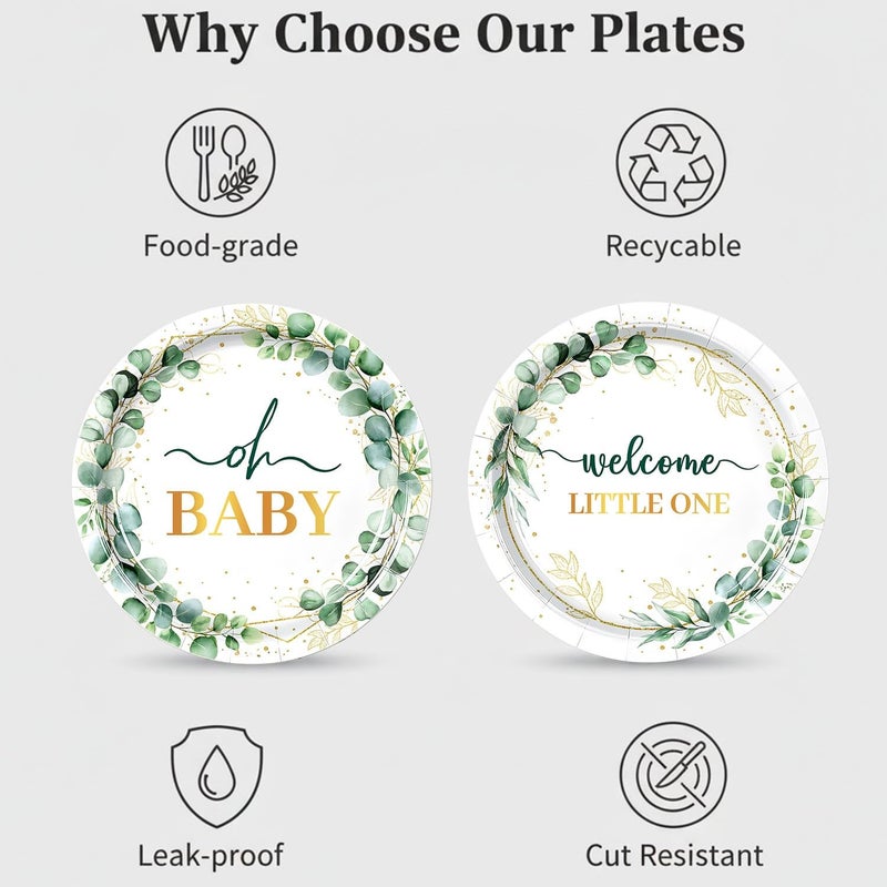 LYFREE 50Pcs Baby Shower Paper Plates Sage Green Oh Baby Party Supplies Welcome Little One Baby Shower Plates 7 inch Disposable Paper Dessert Tableware Set for Gender Reveal Boy Girl Birthday Party - Image 3