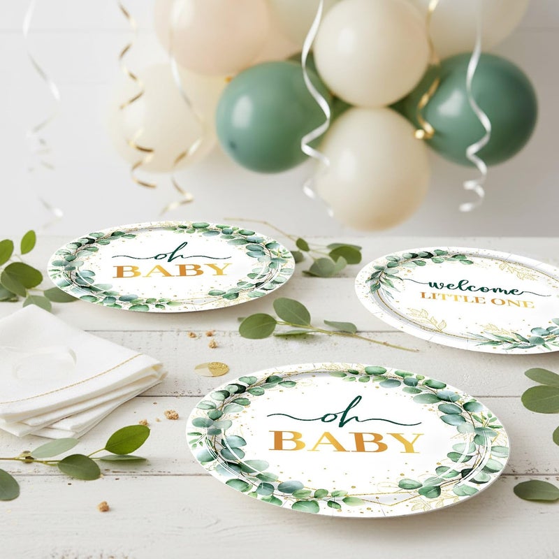 LYFREE 50Pcs Baby Shower Paper Plates Sage Green Oh Baby Party Supplies Welcome Little One Baby Shower Plates 7 inch Disposable Paper Dessert Tableware Set for Gender Reveal Boy Girl Birthday Party - Image 4