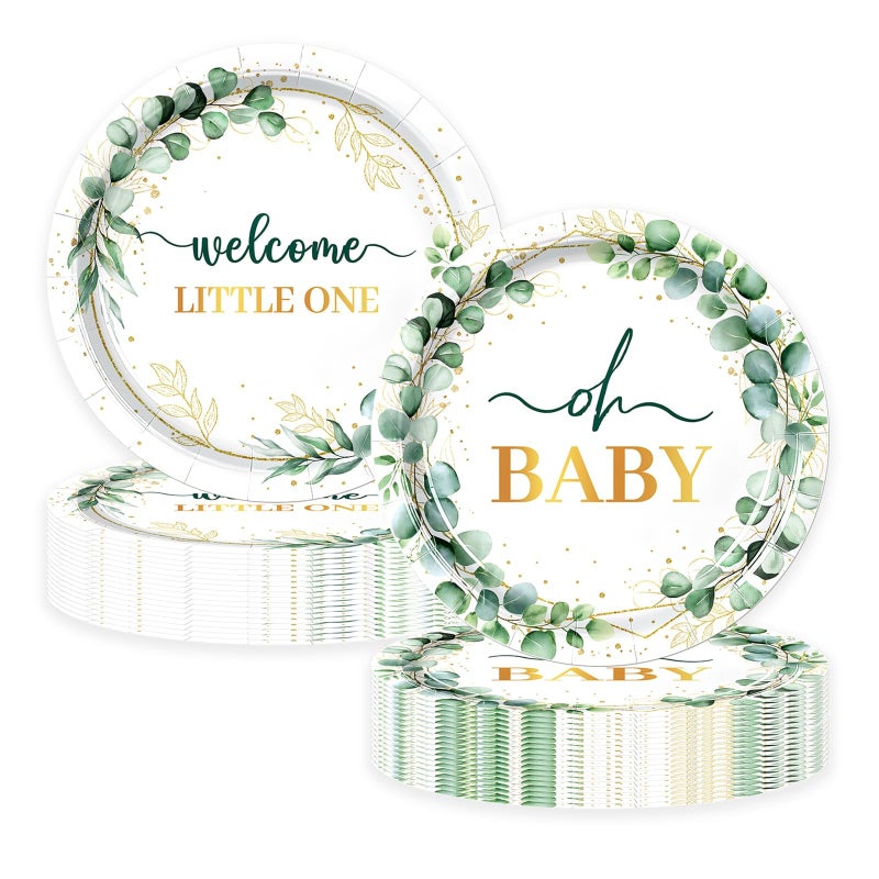 LYFREE 50Pcs Baby Shower Paper Plates Sage Green Oh Baby Party Supplies Welcome Little One Baby Shower Plates 7 inch Disposable Paper Dessert Tableware Set for Gender Reveal Boy Girl Birthday Party - Image 1