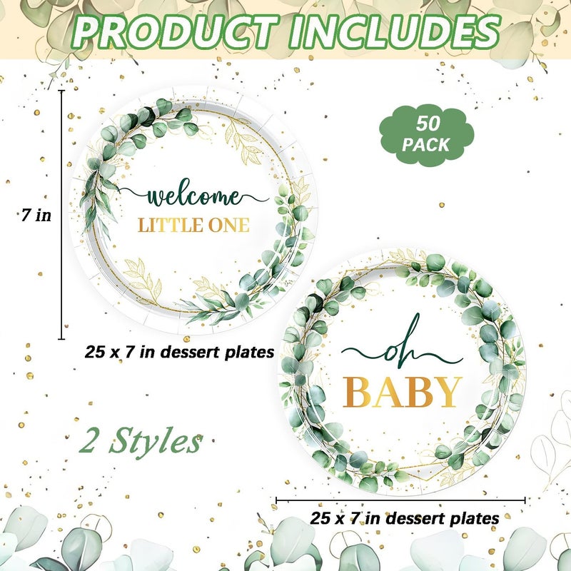 LYFREE 50Pcs Baby Shower Paper Plates Sage Green Oh Baby Party Supplies Welcome Little One Baby Shower Plates 7 inch Disposable Paper Dessert Tableware Set for Gender Reveal Boy Girl Birthday Party - Image 2
