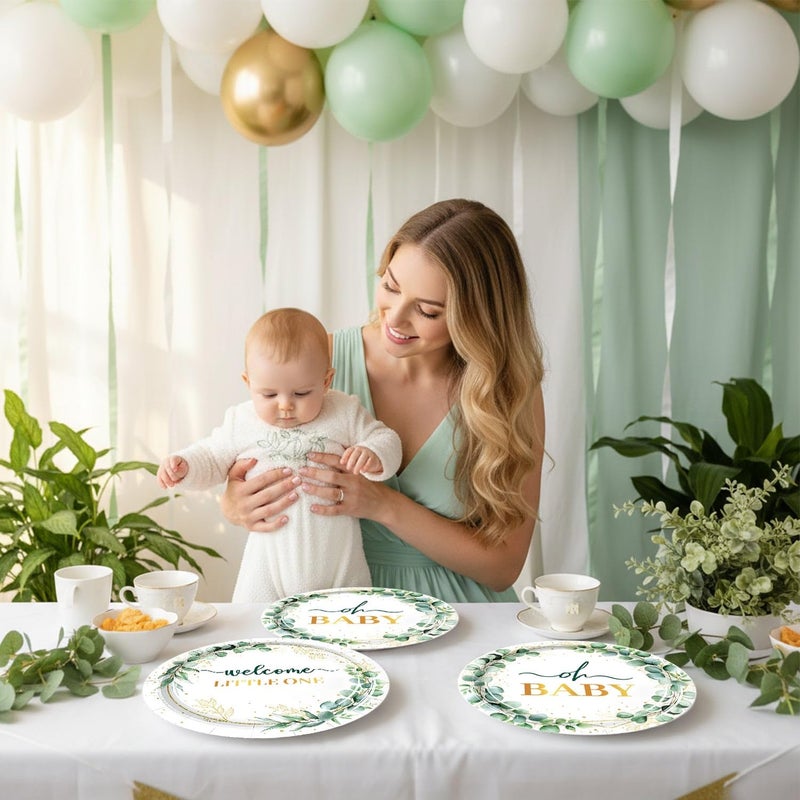 LYFREE 50Pcs Baby Shower Paper Plates Sage Green Oh Baby Party Supplies Welcome Little One Baby Shower Plates 7 inch Disposable Paper Dessert Tableware Set for Gender Reveal Boy Girl Birthday Party - Image 5