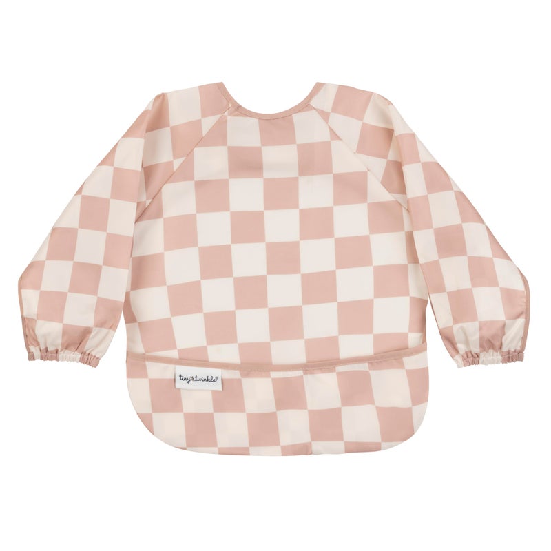 Tiny Twinkle Long Sleeve Bib for Babies & Toddlers - Waterproof Smock Bib for Eating - Machine Washable & Mess-Proof, Baby Feeding Essential & Shower Must-Have(Checkers Brown, 6-24M) - Image 1