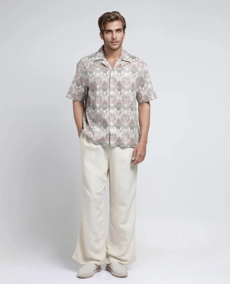 Rare Rabbit Rare Rabbit Men's Grit Beige Cotton Fabric Short Sleeve Collared Neck Button Closure Abstract Print Shirt