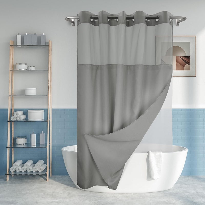 River Dream ستارة دش بنسيج محبب بدون خطاف مع مجموعة بطانة PEVA مقاومة للماء - 71 × 74 بوصة (72)، نمط فندقي مع نافذة علوية شفافة، ستارة قماشية وبطانة مقاومة للماء للحمام، رمادي داكن، 71×74 - Image 1
