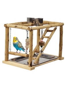 NNC PETS Bird play stand activity center for small birds, Wooden bird playground with Swinging perch, Stainless steel bowls, Climbing ladder, Hanging toys, and Removable tray 37 cm (Beige)  - Image 1