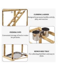 NNC PETS Bird play stand activity center for small birds, Wooden bird playground with Swinging perch, Stainless steel bowls, Climbing ladder, Hanging toys, and Removable tray 37 cm (Beige)  - Image 4