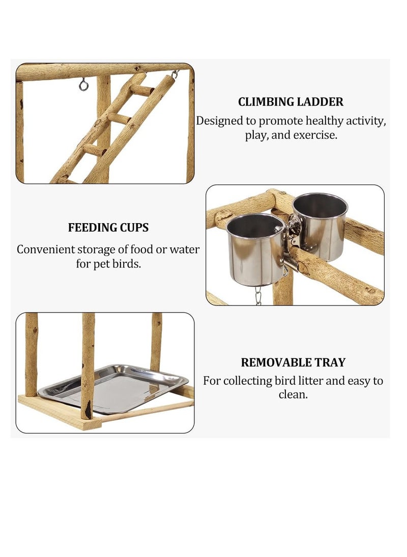 NNC PETS Bird play stand activity center for small birds, Wooden bird playground with Swinging perch, Stainless steel bowls, Climbing ladder, Hanging toys, and Removable tray 37 cm (Beige)  - Image 4