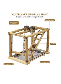 NNC PETS Bird play stand activity center for small birds, Wooden bird playground with Swinging perch, Stainless steel bowls, Climbing ladder, Hanging toys, and Removable tray 37 cm (Beige)  - Image 5