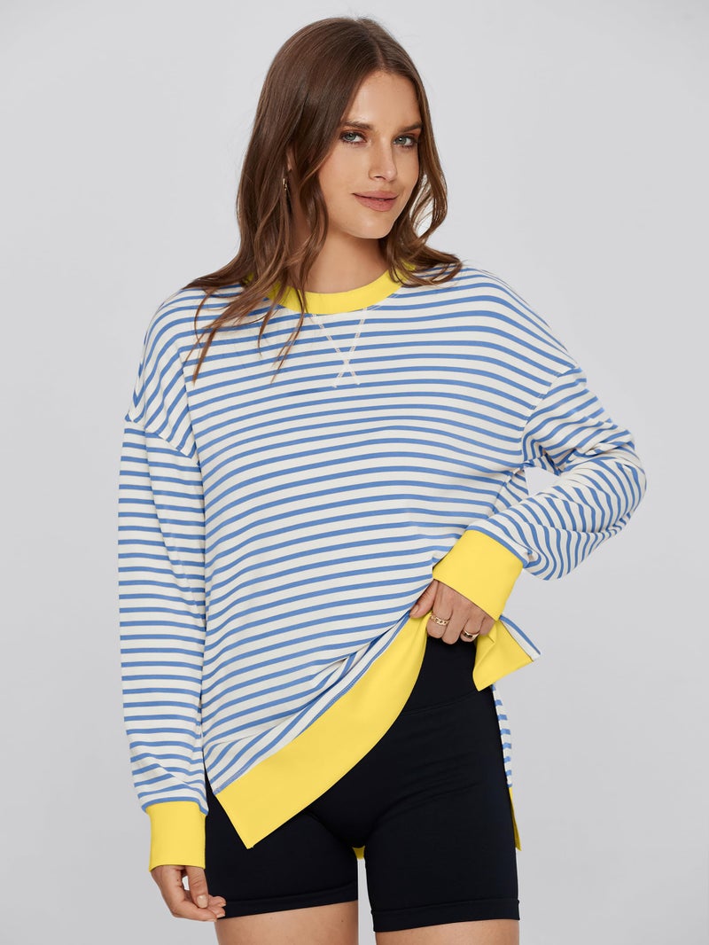 Glamaker Women's Striped Long Sleeve Crewneck Sweatshirt Air Essentials Soft Loose Pullover Sweatshirts Blue Yellow L - Image 4