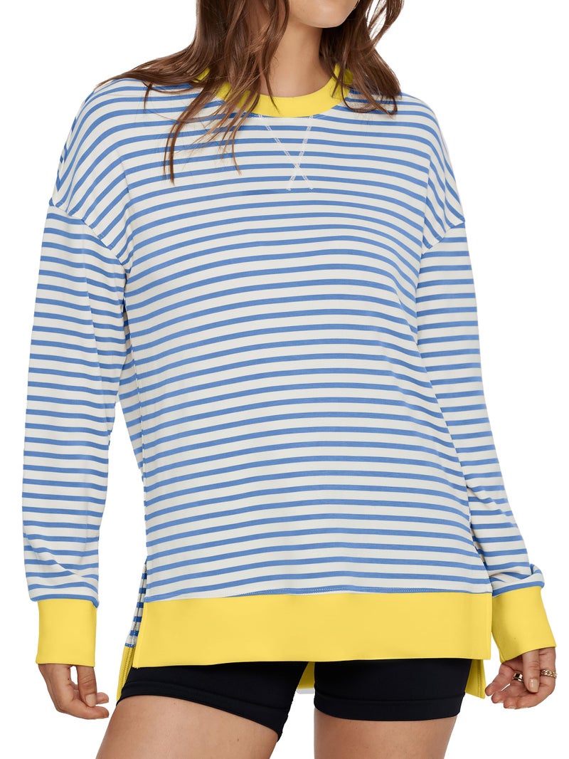 Glamaker Women's Striped Long Sleeve Crewneck Sweatshirt Air Essentials Soft Loose Pullover Sweatshirts Blue Yellow L - Image 1
