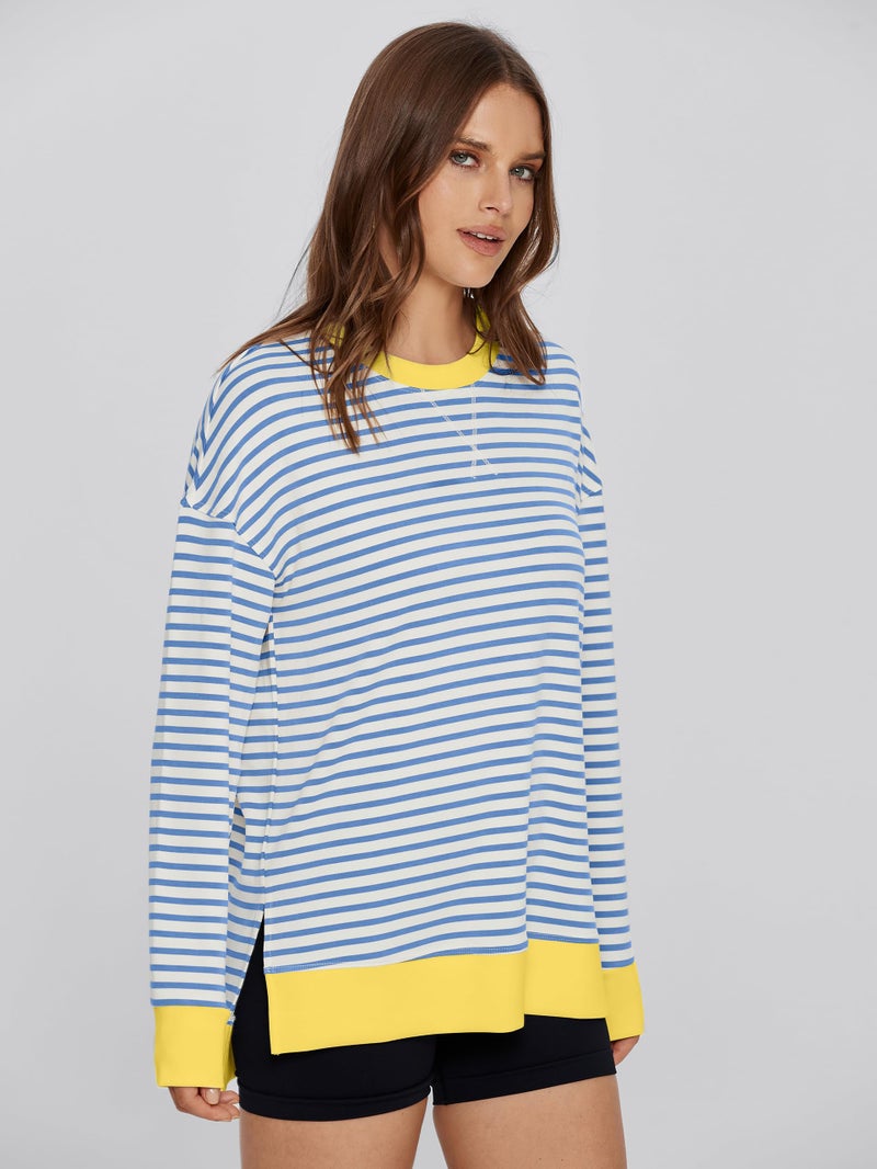 Glamaker Women's Striped Long Sleeve Crewneck Sweatshirt Air Essentials Soft Loose Pullover Sweatshirts Blue Yellow L - Image 3