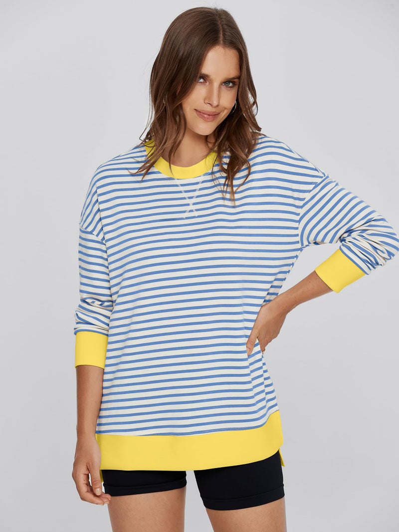 Glamaker Women's Striped Long Sleeve Crewneck Sweatshirt Air Essentials Soft Loose Pullover Sweatshirts Blue Yellow L - Image 2