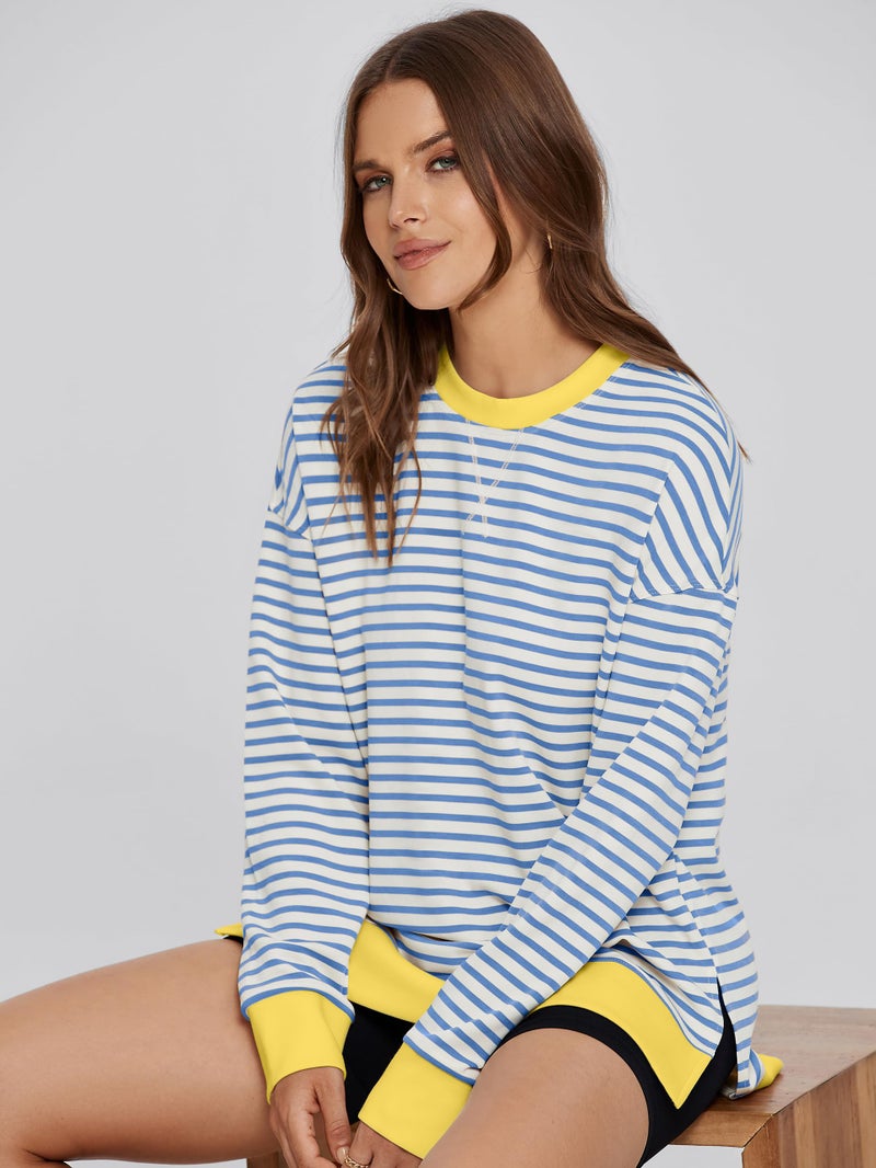 Glamaker Women's Striped Long Sleeve Crewneck Sweatshirt Air Essentials Soft Loose Pullover Sweatshirts Blue Yellow L - Image 5