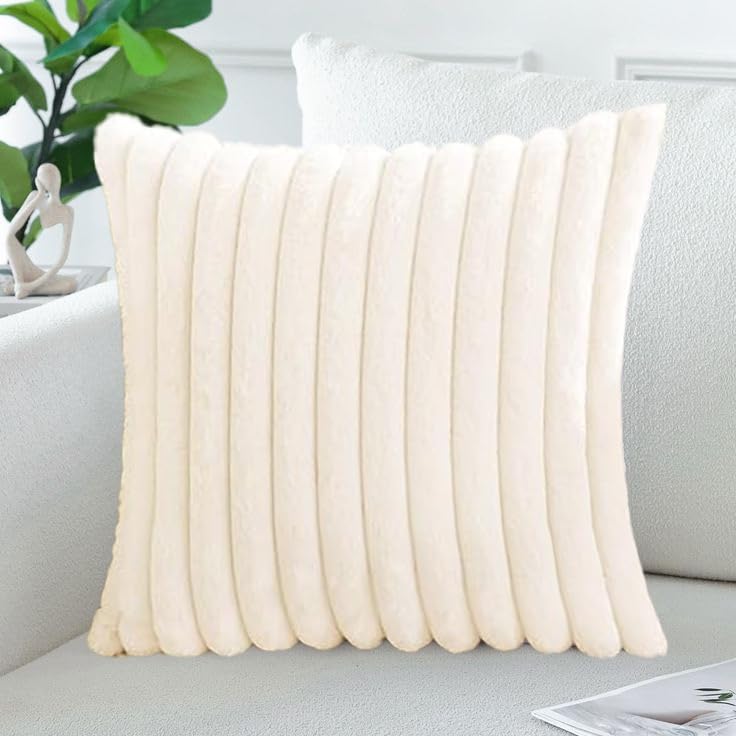 AEROHAVEN™ Premium Faux Rabbit Fur Plush Luxury Soft Fluffy Striped Decorative Throw Pillow/Cushion Covers for Sofa, Couch, Living Room - CC283 - (1, Cream White, 16 x 16 Inch) - Image 1
