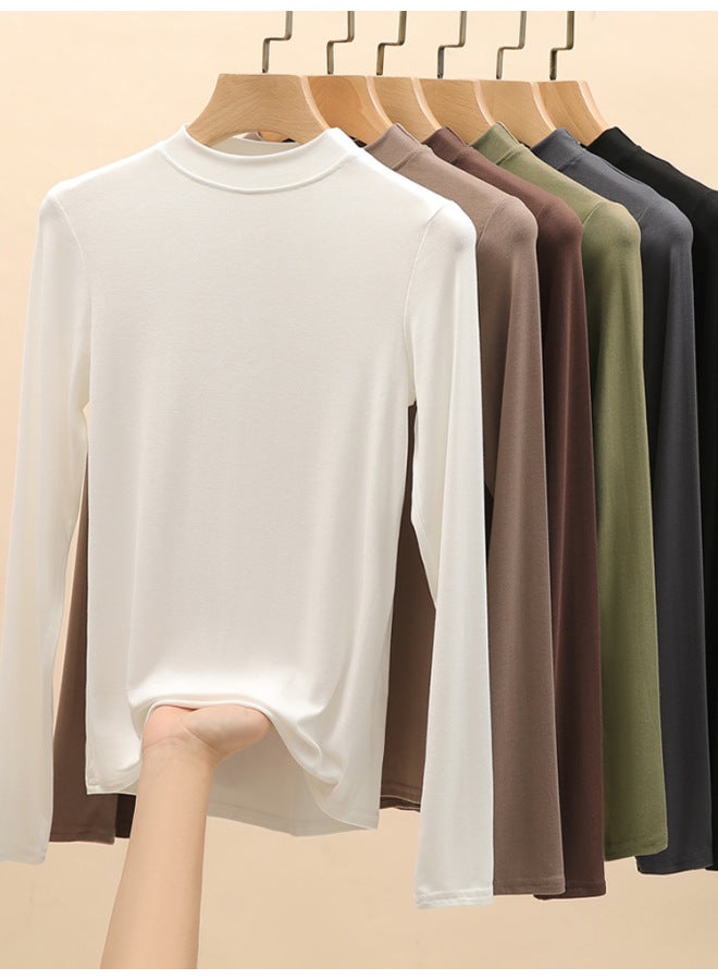 New Women's Long Sleeve T-shirt Modal Base Layer Solid Color Autumn Wear Semi-high Neck Round Neck Small Stand Collar Top - Image 4