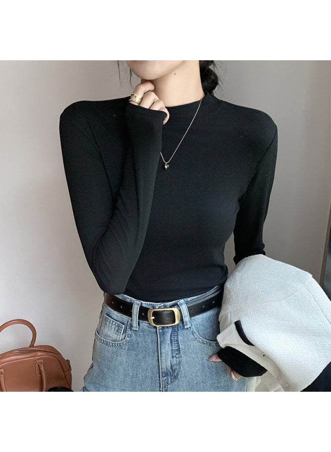 New Women's Long Sleeve T-shirt Modal Base Layer Solid Color Autumn Wear Semi-high Neck Round Neck Small Stand Collar Top - Image 1