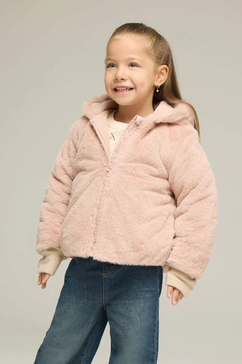 Defacto Baby Girl Plush Zip-Up Hooded Jacket