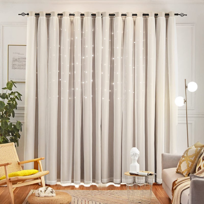 Loyala Star Curtains, Blackout Curtains for Bedroom Kids Cute Double Layer Hollow Out Star Window Curtain for Nursery Girls, Beige, 52" W x 63" L, 2 Panels - Image 2