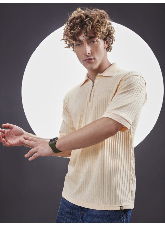 Maniac Maniac Men Textured Polo Neck Half Sleeve Half Zipper Cream Color Cotton T-Shirt  - Image 3