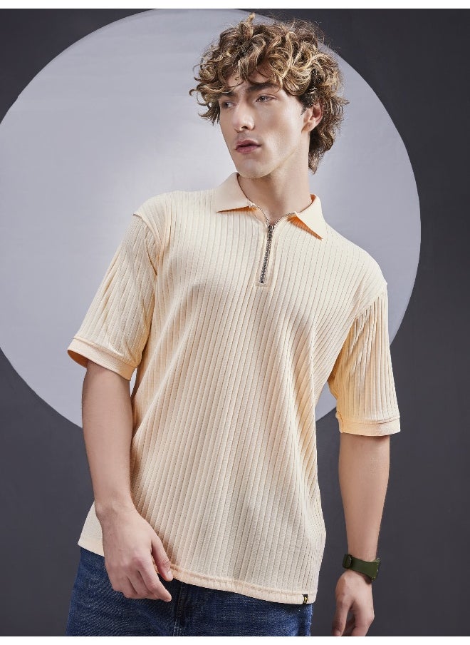 Maniac Maniac Men Textured Polo Neck Half Sleeve Half Zipper Cream Color Cotton T-Shirt  - Image 5