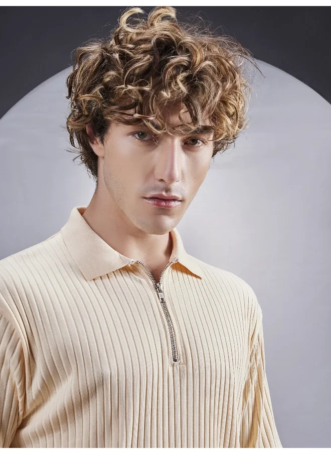 مانياك Maniac Men Textured Polo Neck Half Sleeve Half Zipper Cream Color Cotton T-Shirt