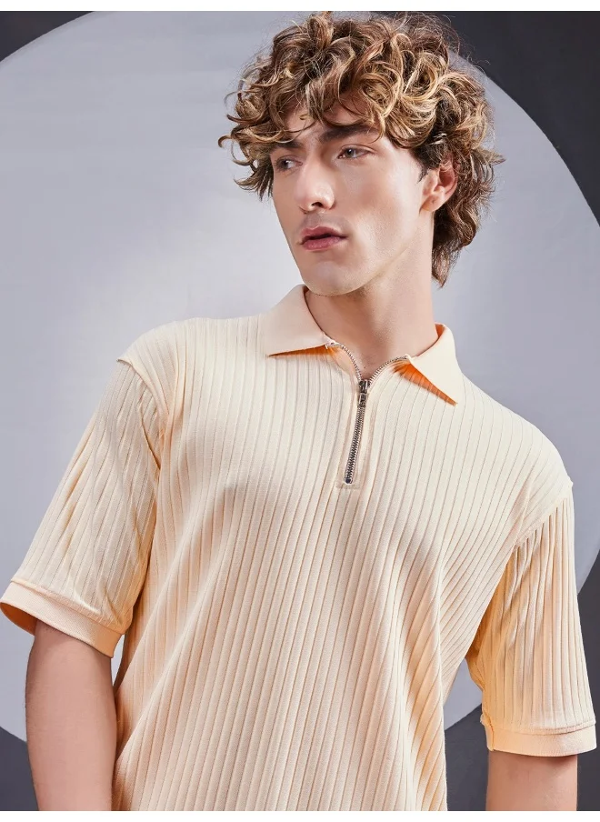 مانياك Maniac Men Textured Polo Neck Half Sleeve Half Zipper Cream Color Cotton T-Shirt