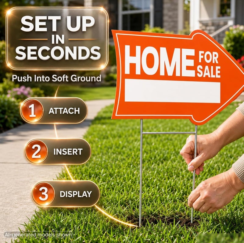 ULVEOL Pack of 3 Home for Sale Sign with Stakes - 12x8 inch Double Sided Home for Sale by Owner Yard Sign - Plastic Directional Arrow Open House Sign - Kit for Estate Agent Lawn Garden Supplies - Image 4