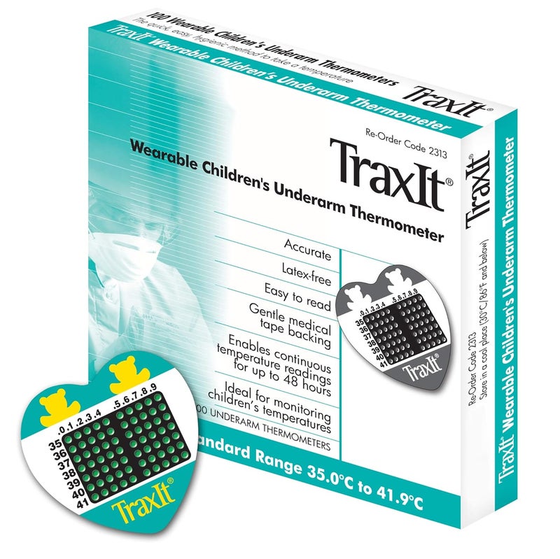TRAXIT Wearable Children’s Axillary Thermometer – 48-Hour Continuous Read, Clinically Accurate, Single-Use Pediatric Thermometer for Kids, Babies, Toddlers & Infants (100-Pack (Celsius)) - Image 1