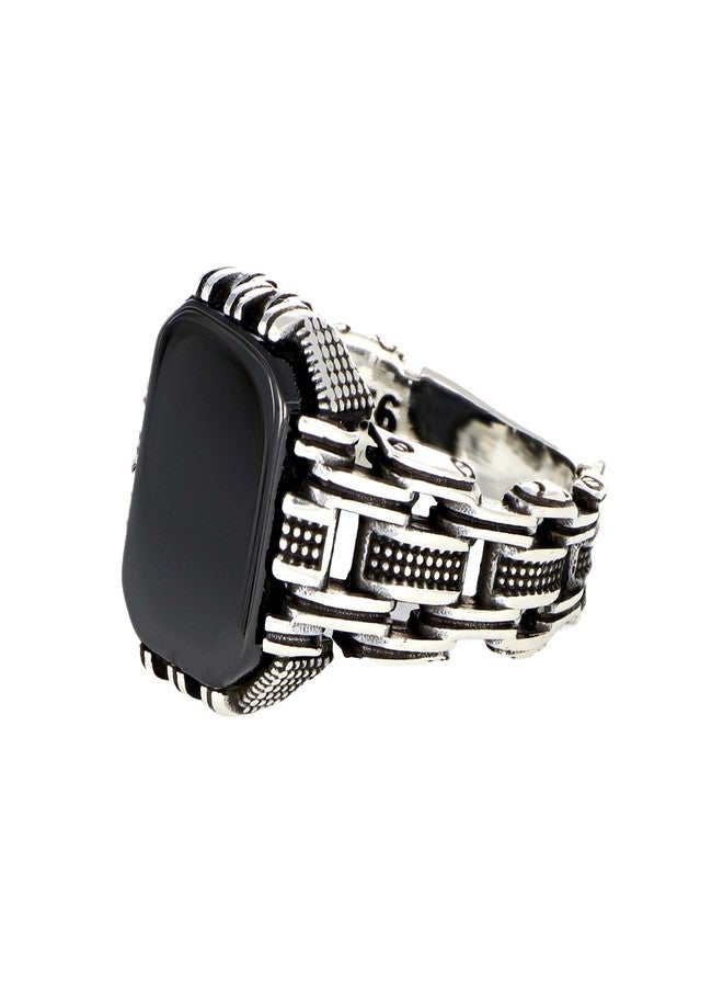 KsrModa Men’s Silver-Plated Stainless Steel Onyx Ring - Black Onyx Cushion Stone, Link-Pattern Textured Band, Vintage Statement Ring, Durable & Tarnish-Resistant (9) - Image 1