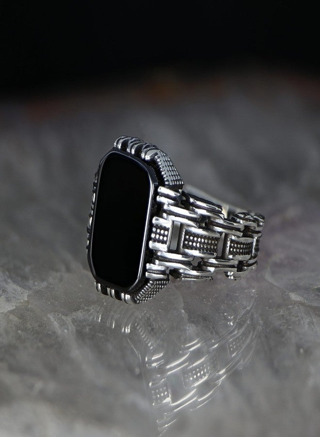 KsrModa Men’s Silver-Plated Stainless Steel Onyx Ring - Black Onyx Cushion Stone, Link-Pattern Textured Band, Vintage Statement Ring, Durable & Tarnish-Resistant (9) - Image 2