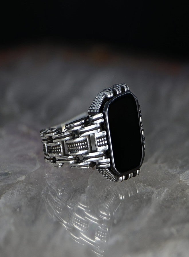 KsrModa Men’s Silver-Plated Stainless Steel Onyx Ring - Black Onyx Cushion Stone, Link-Pattern Textured Band, Vintage Statement Ring, Durable & Tarnish-Resistant (9) - Image 3
