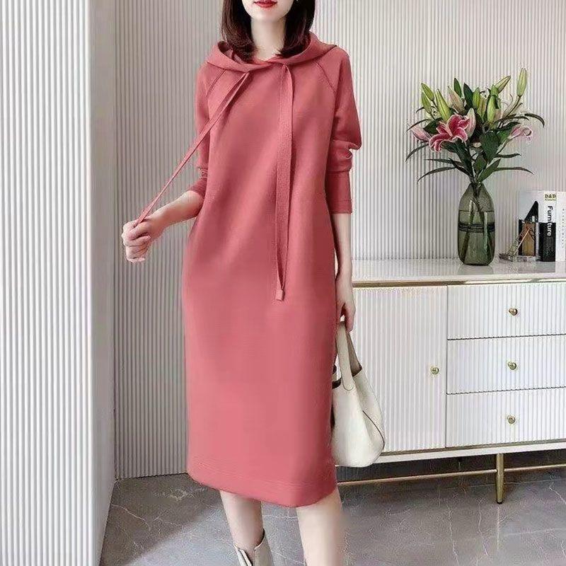 Autumn Womens Wear 2022 New Style Elegant Slimming Solid Color dress Loose Casual Long Sleeve Hooded Sweatshirt Dress Womens Fashion Orange [high quality fabric]]